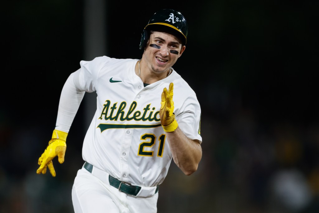 Athletics left fielder Tyler Soderstrom (21) scores a run during the fifth inning against the Kansas City Royals at Sutter Health Park. 