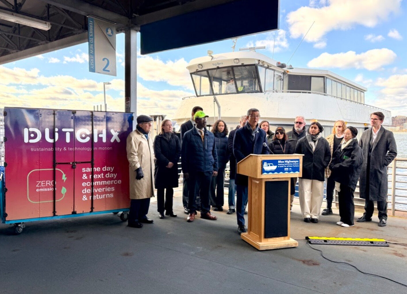 NYC DOT Commissioner Rodriguez announcing the start of the Blue Highways pilot at Pier 79 in Manhattan. Photo: NYC DOT