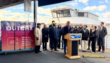 NYC DOT Commissioner Rodriguez announcing the start of the Blue Highways pilot at Pier 79 in Manhattan. Photo: NYC DOT