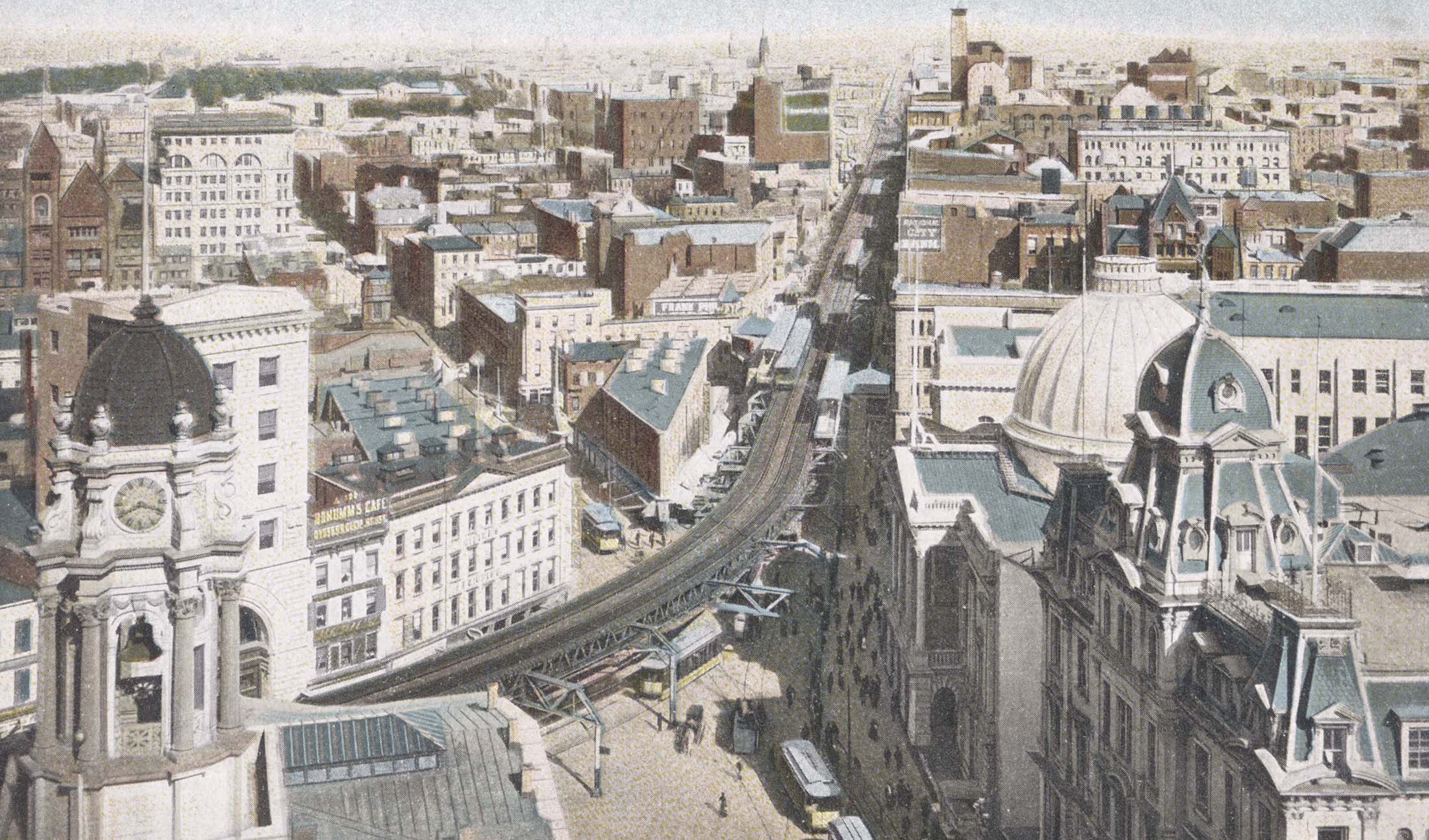postcard shows cupola of borough hall and fulton street beyond