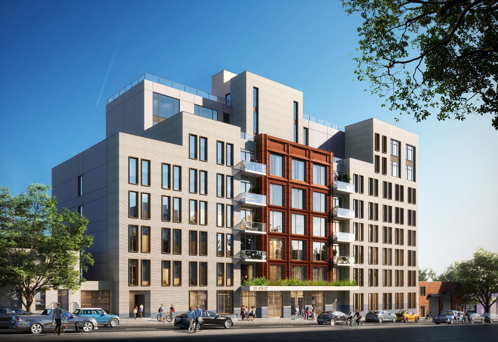 rendering of a multi-story building with variety of siding materials