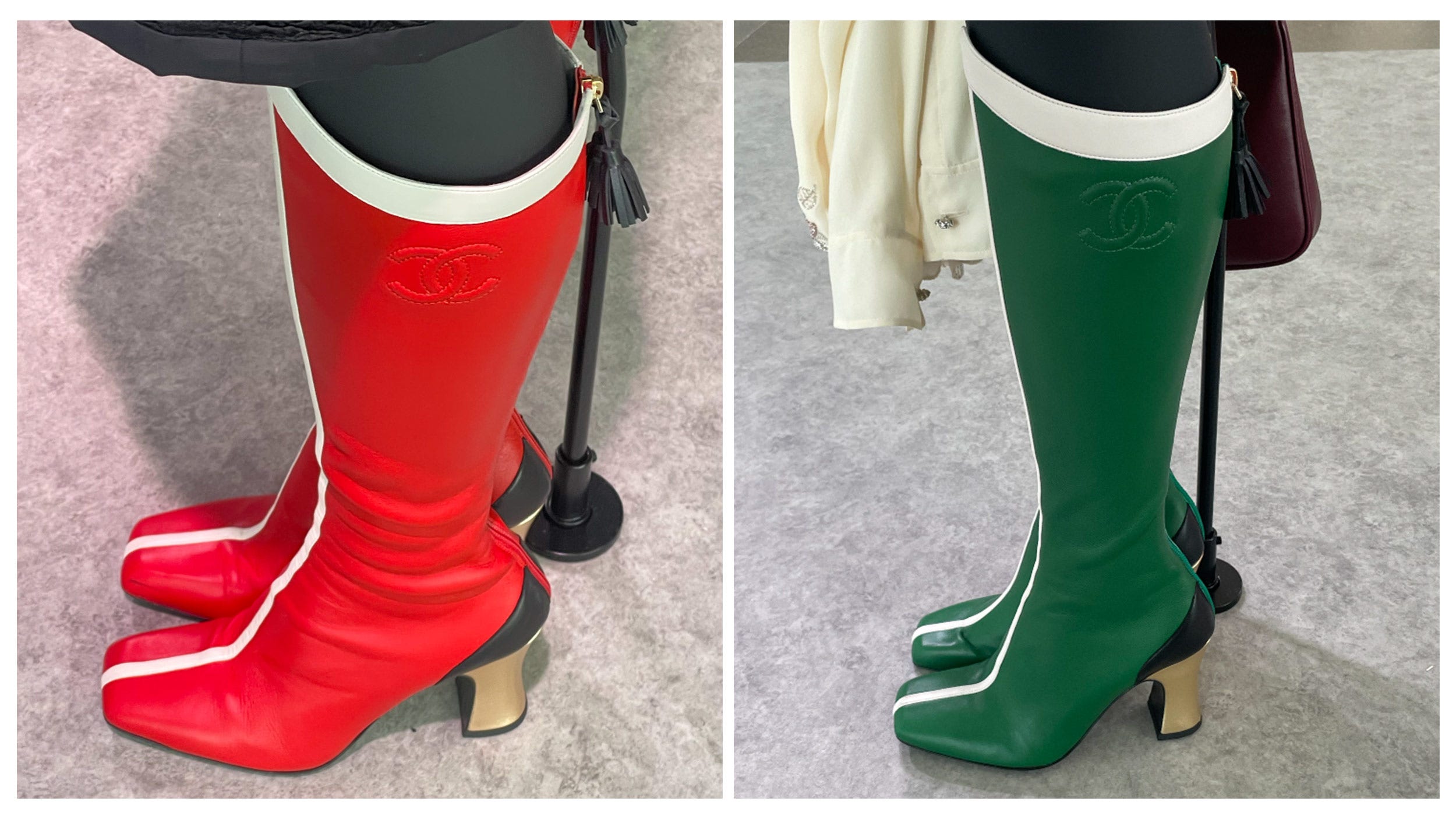 stylish highheeled boots in contrasting colors