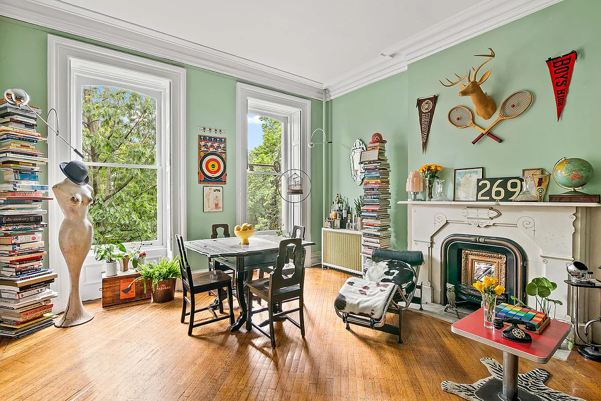 clinton hill - living room with tall windows, mantel, wood floor