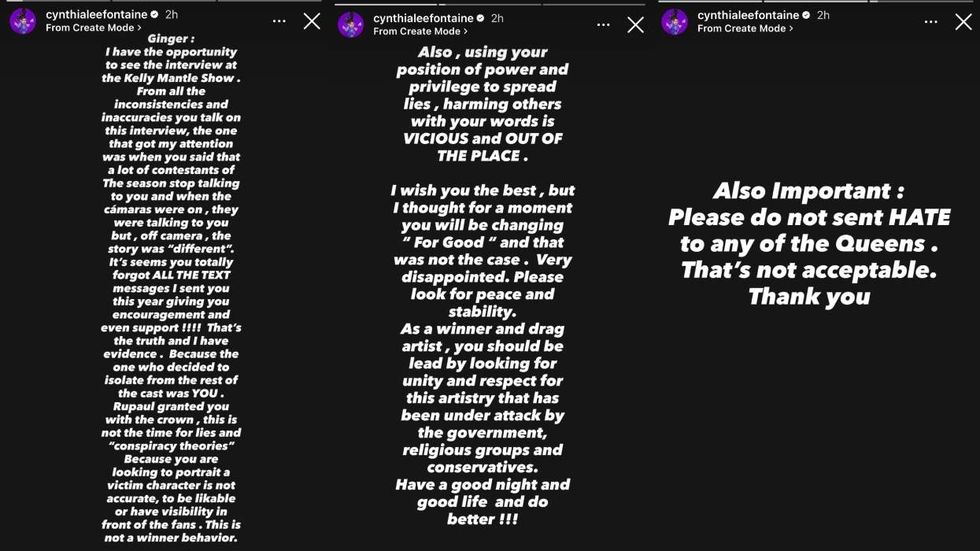 Cynthia Lee Fontaine addresses the drama involving Ginger Minj and the queens of RuPaul's Drag Race All Stars season 10 in a series of Instagram Stories