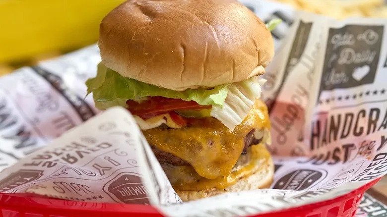 A burger in a basket from Burger Joint in NYC
