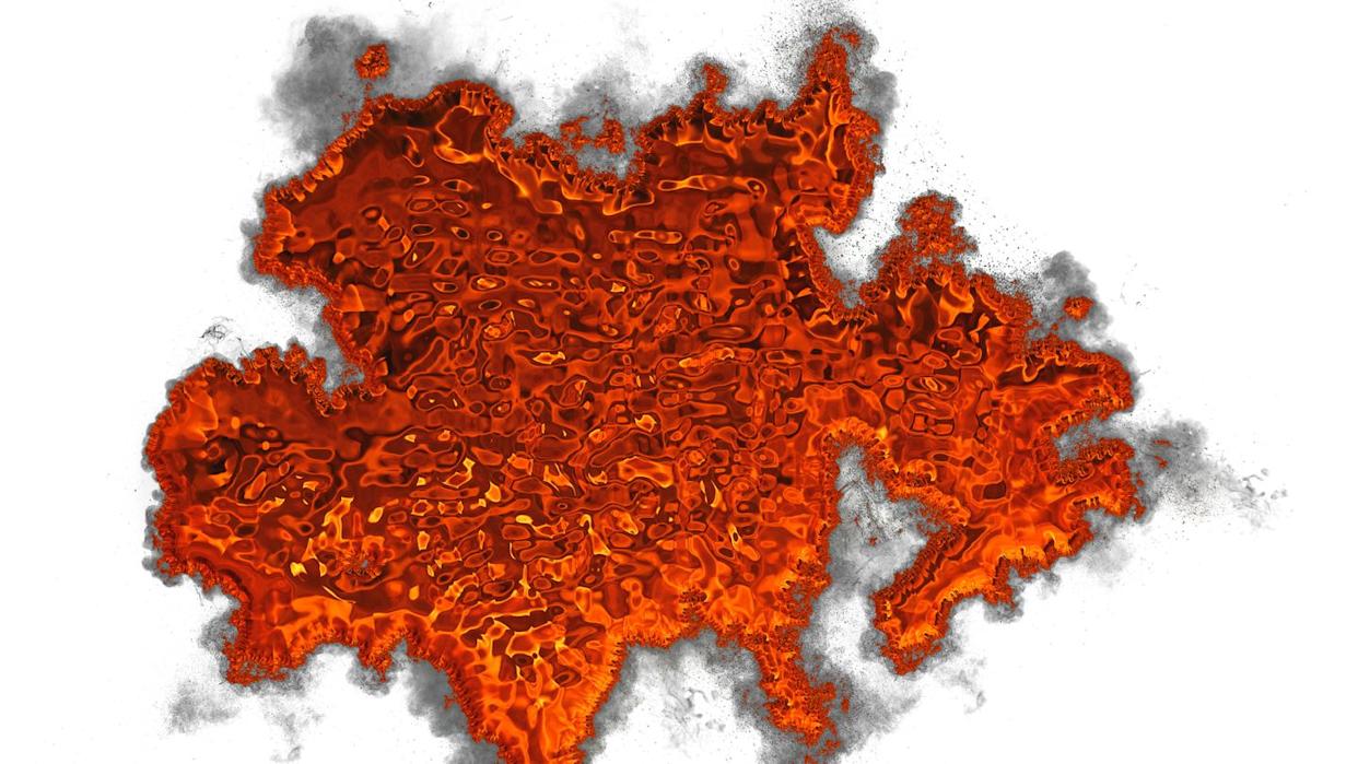 incandescent red liquid with a metallic texture and smoke melts on a white background.