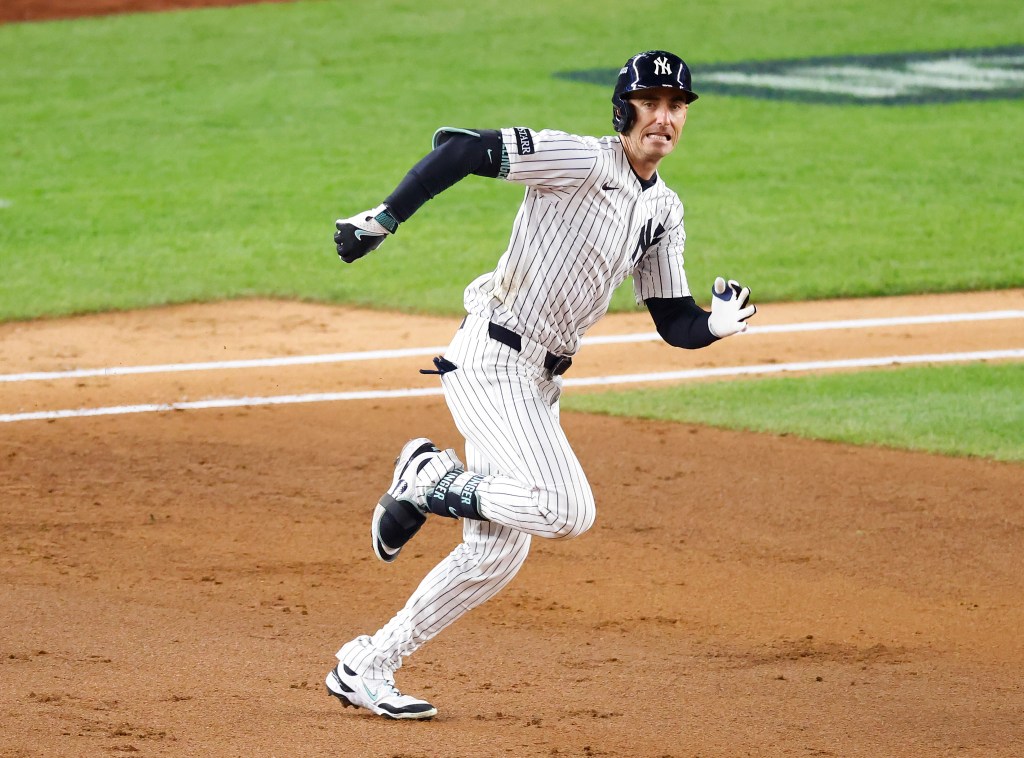 New York Yankees outfielder Cody Bellinger doubles during the fourth inning.