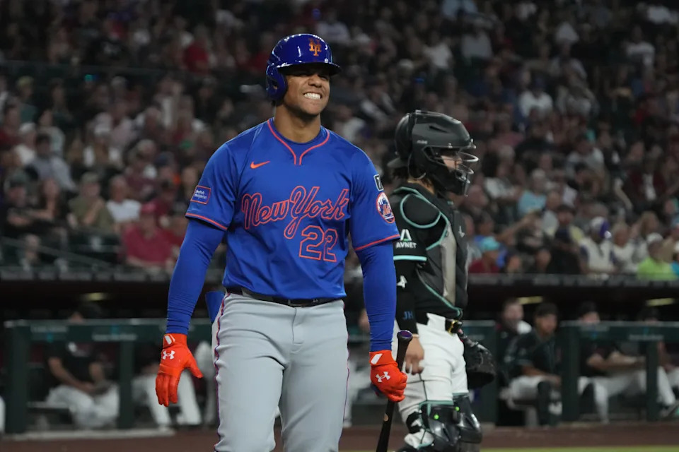 May 7, 2025; Phoenix, Arizona, USA; New York Mets outfielder Juan Soto (22) reacts after striking out against the Arizona Diamondbacks in the third inning at Chase Field. Mandatory Credit: Rick Scuteri-Imagn ImagesRick Scuteri-Imagn Images.