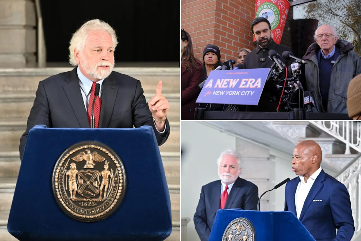 An image collage containing 3 images, Image 1 shows Randy Mastro speaking at a podium with the New York City seal, Image 2 shows Zohran Mamdani and Bernie Sanders at a Starbucks union press conference, Image 3 shows NYC Mayor Eric Adams speaking at a press conference with Randy Mastro