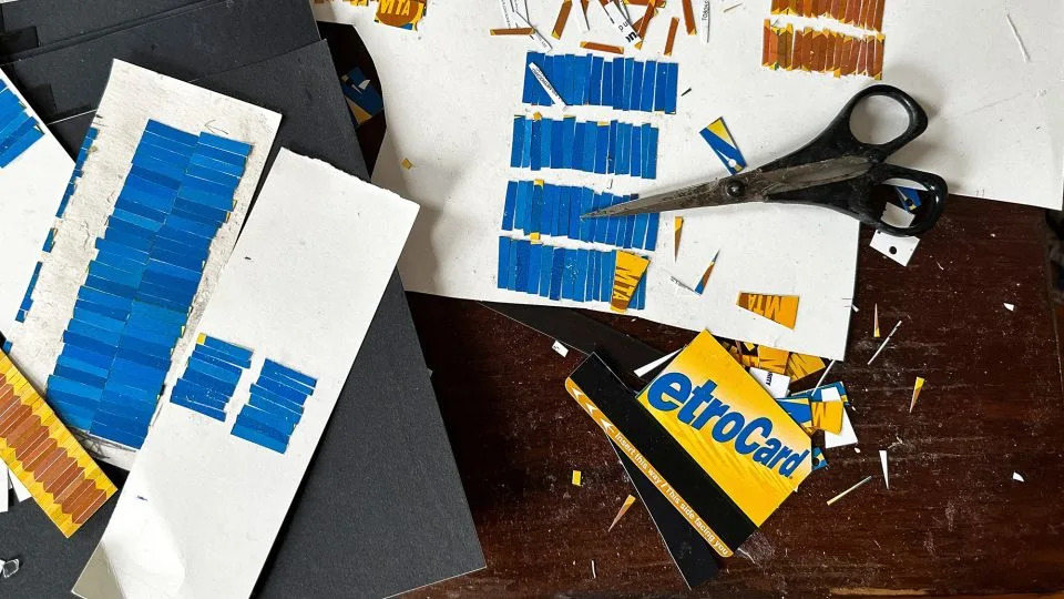 Parts of MetroCards used by New York City artist Thomas McKean to create sculptures and mosaics are seen in Manhattan, New York, on January 27, 2023. - Roselle Chen/Reuters