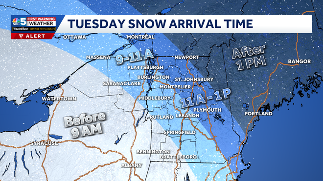 Forecast snow arrival time through Tuesday morning and early afternoon.