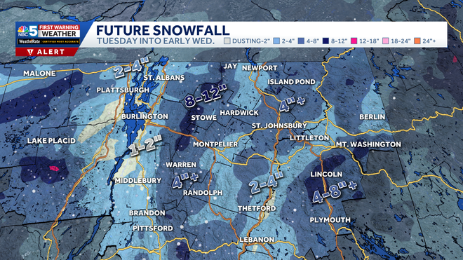 Forecast snow totals in Northern Vermont.