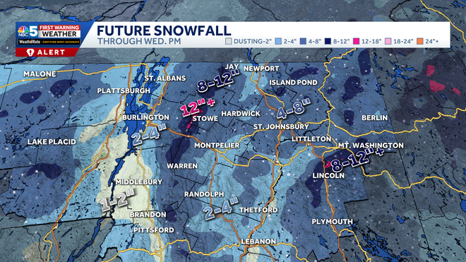 Snowfall forecast in northern Vermont into New Hampshire.