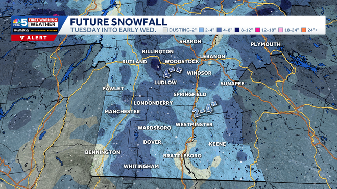 Forecast snow totals in Southern Vermont.