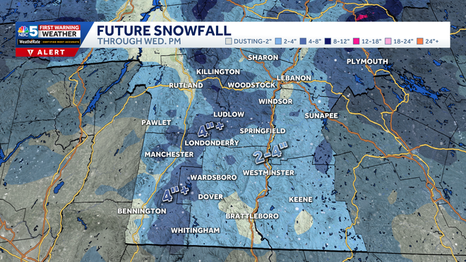 Snowfall forecast in southern Vermont and New Hampshire.