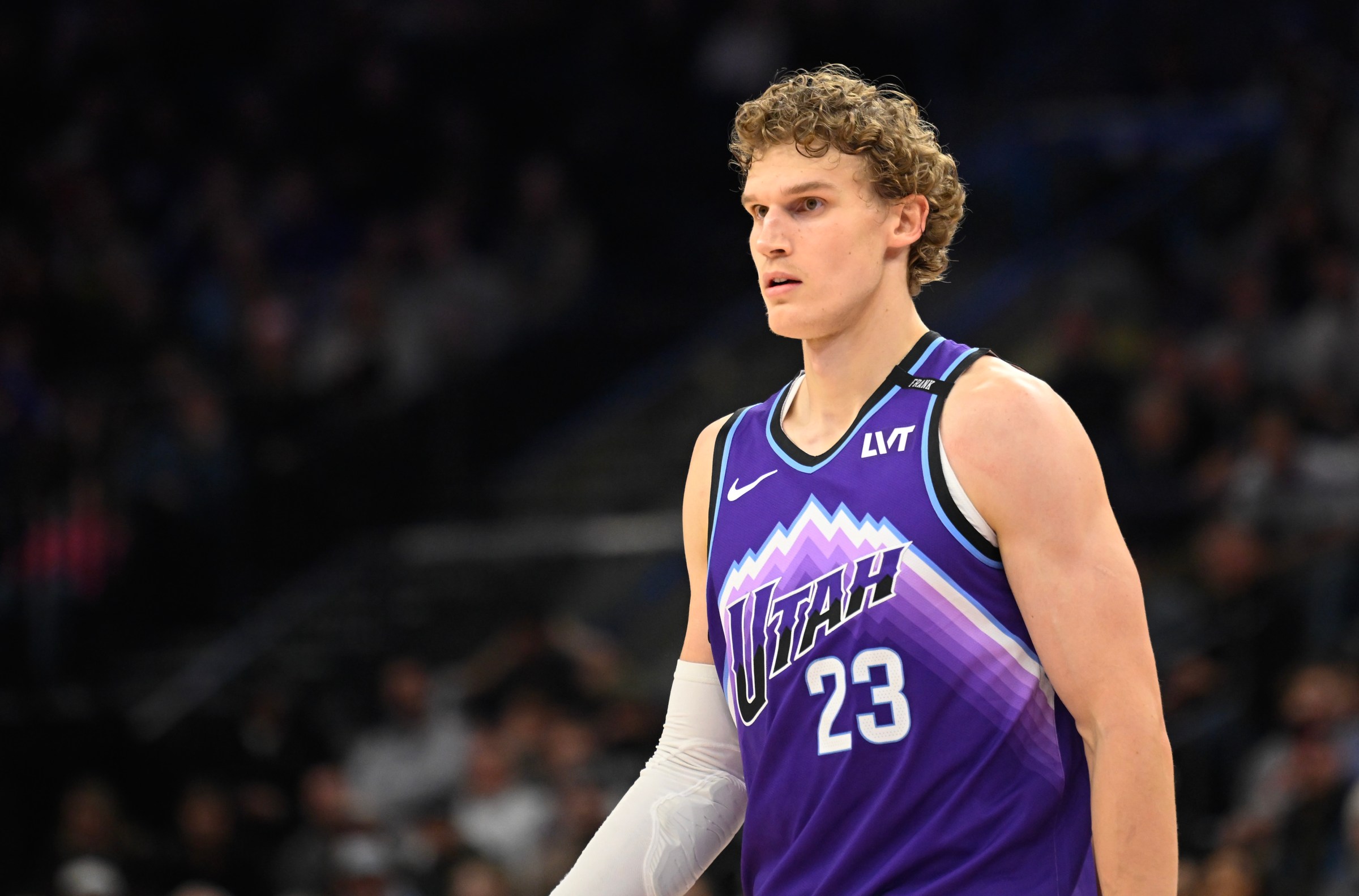 SALT LAKE CITY, UTAH - DECEMBER 01: Lauri Markkanen #23 of the Utah Jazz looks on during the second half of a game against the Houston Rockets at Delta Center on December 01, 2025 in Salt Lake City, Utah. NOTE TO USER: User expressly acknowledges and agrees that, by downloading and or using this photograph, User is consenting to the terms and conditions of the Getty Images License Agreement. (Photo by Alex Goodlett/Getty Images)