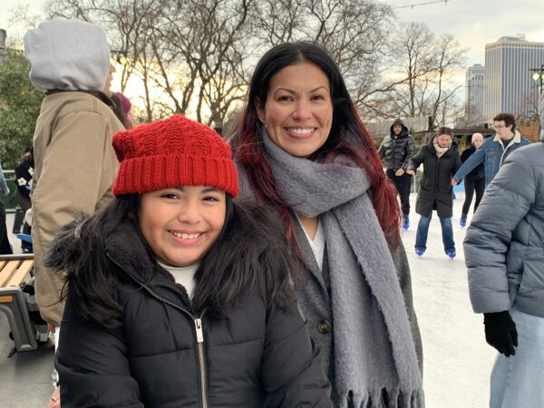 Zoey, age 9, and her mom Adilia came in from Freeport to make a day of it in DUMBO — and ice skating at Roebling Rink was the highlight. Photo: Mary Frost, Brooklyn Eagle