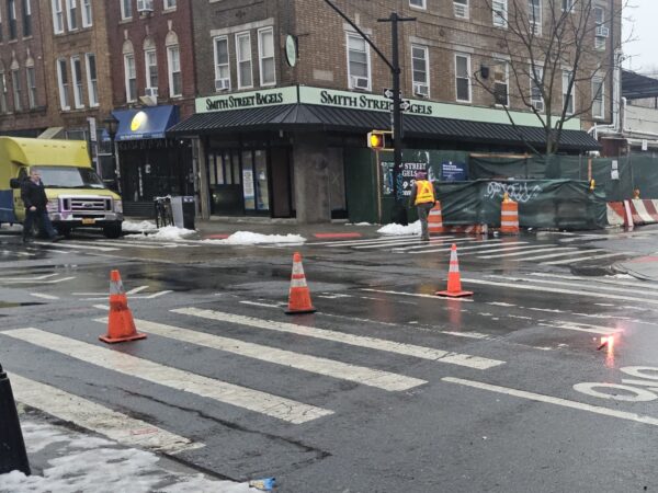 Traffic cones blocked Smith Street in Boerum Hill during emergency repairs Monday morning. Photo courtesy of Dwidson Metayer