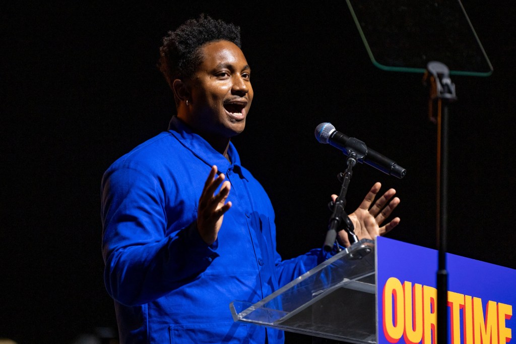 New York City Council member Chi Osse speaking at a campaign rally.