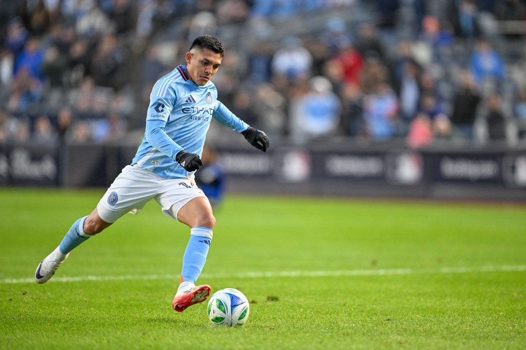 New York City FC forward Alonso Martinez shoots a penalty against Charlotte FC.