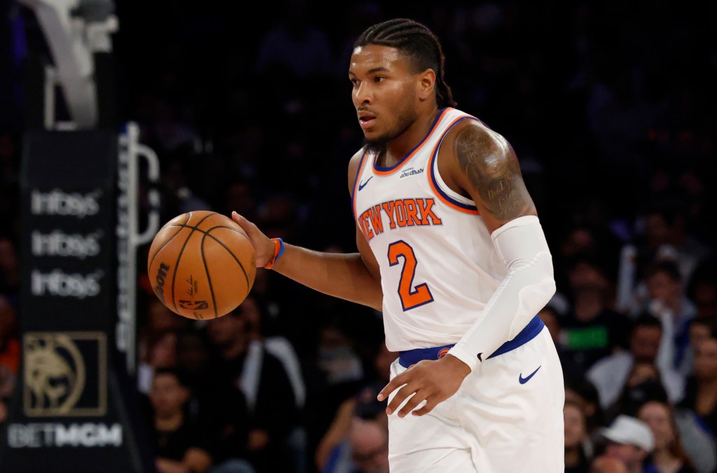 New York Knicks guard Miles McBride is seen on the court against the Charlotte Hornets in the first half at Madison Square Garden in New York, Friday, October 17, 2025.