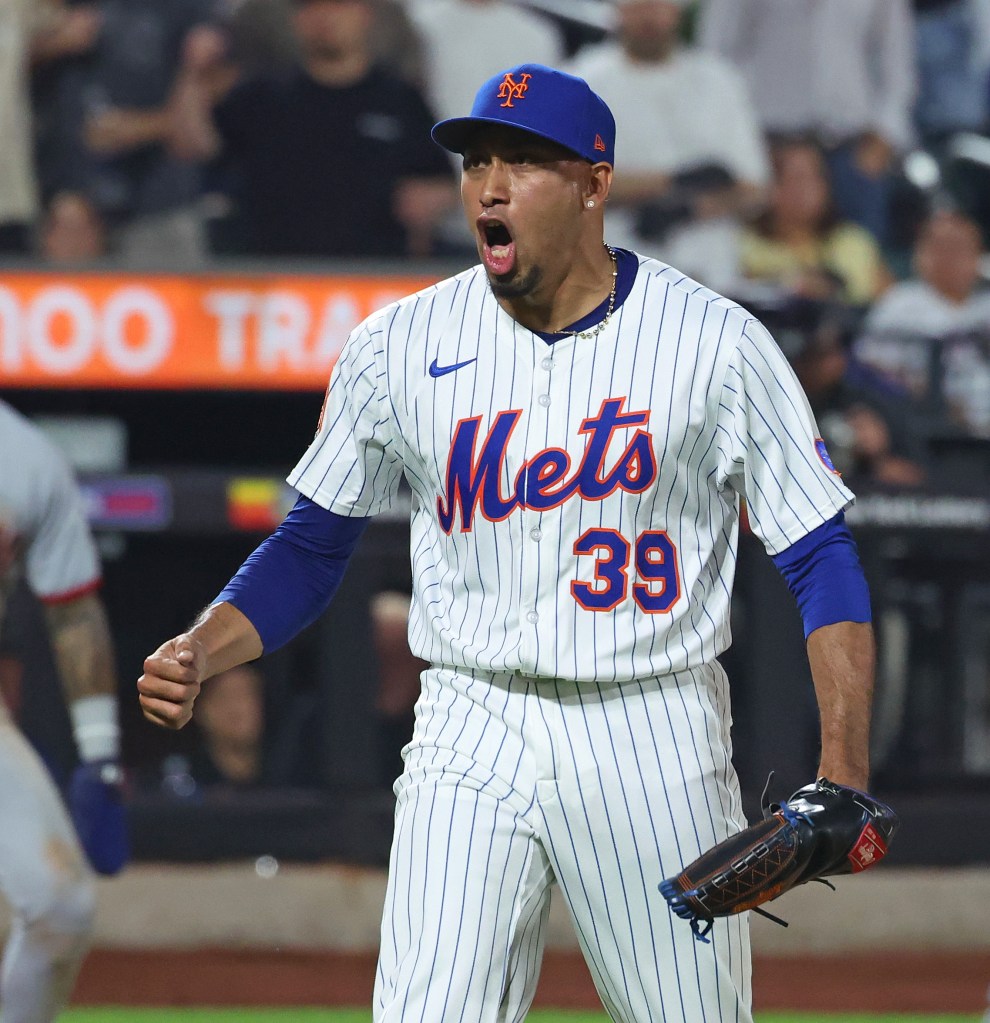 New York Mets pitcher Edwin Díaz (39) reacts to closing the ninth inning when the New York Mets played the Cleveland Guardians Monday, August 4, 2025 at Citi Field in Queens, NY. 