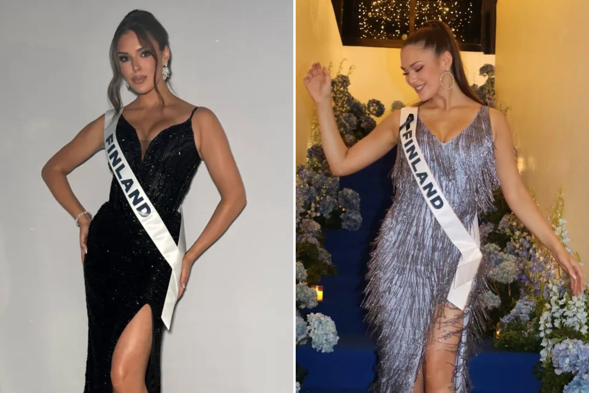 An image collage containing 2 images, Image 1 shows Miss Finland in a black gown and "Finland" sash, Image 2 shows Sarah Dzafce, Miss Finland, on a blue staircase with blue flowers, wearing a shimmering fringe dress and a sash