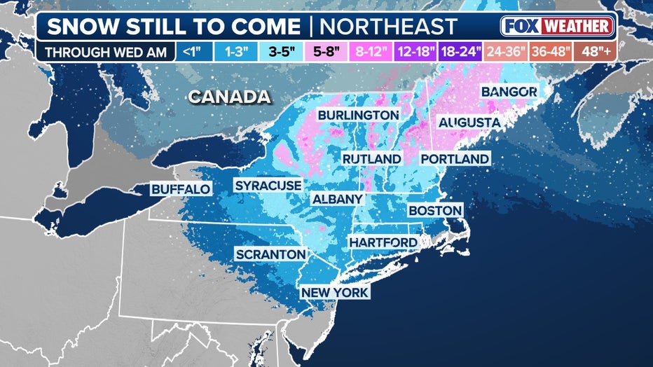 This graphic shows the potential snow totals for various areas throughout parts of the Northeast on Wednesday. (FOX Weather)