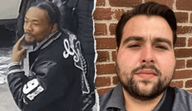 Split image of a man pointing a finger to his face (left) and a selfie of another man on the right.