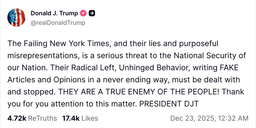 A social media post by Donald J. Trump calling the New York Times a "serious threat to the National Security of our Nation."