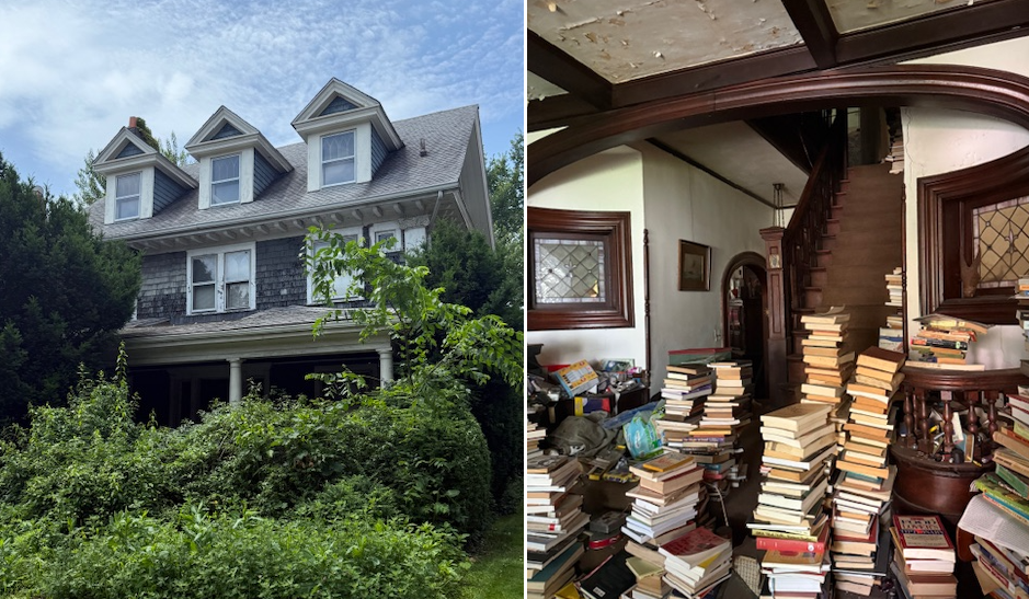 brooklyn - collage showing a standalone house with dormers and an interior filled with books