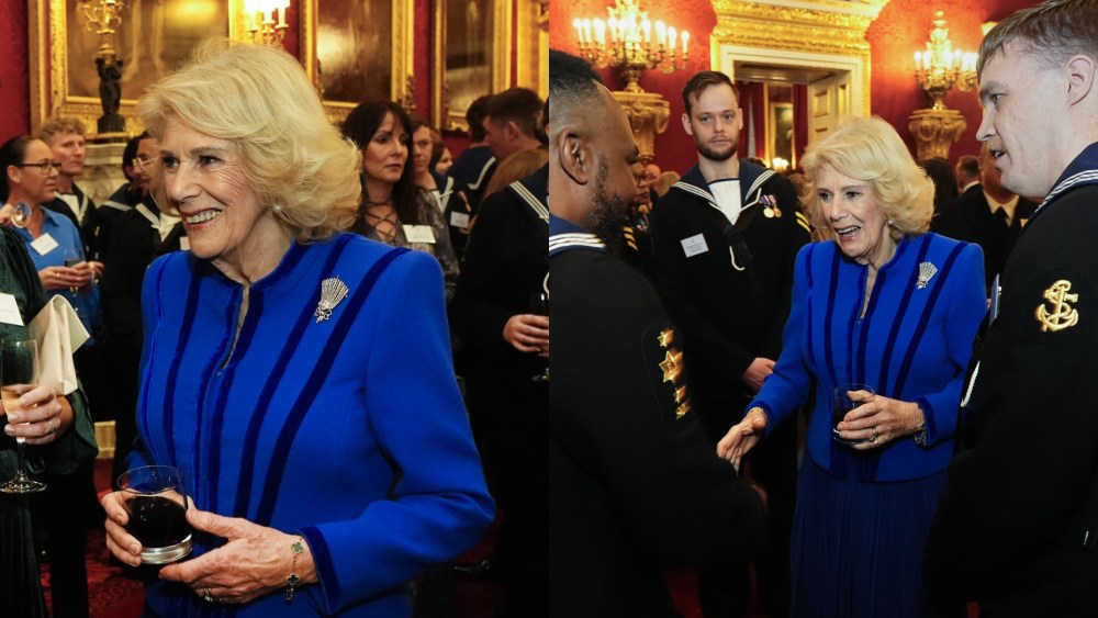 Queen Camilla wears a black and blue ensemble and attends a reception at St. James' Palace in London on Dec. 18, 2025.