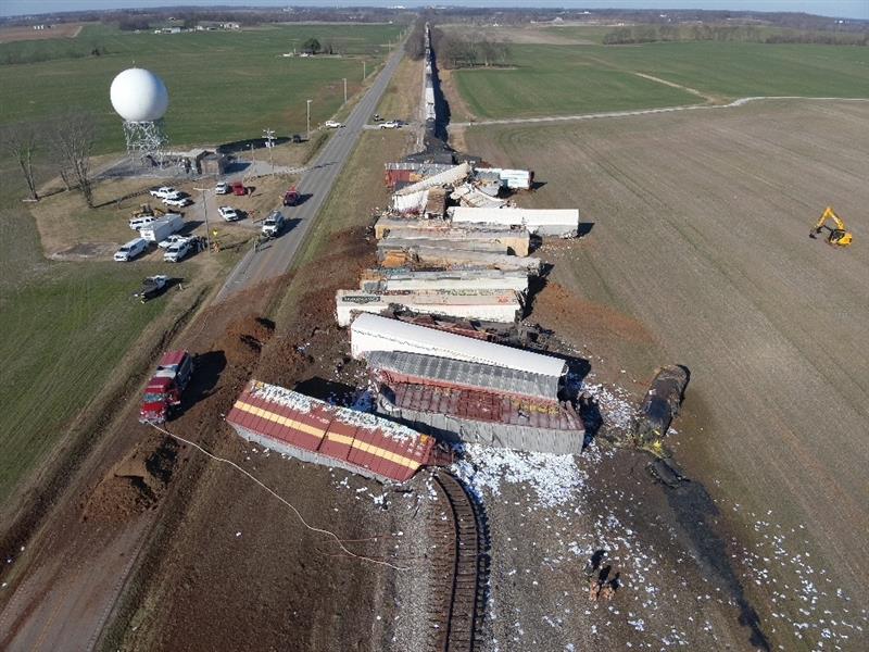 Aerial view of a derailed CSX train with multiple cars overturned next to the tracks and a road in Todd County, Kentucky.