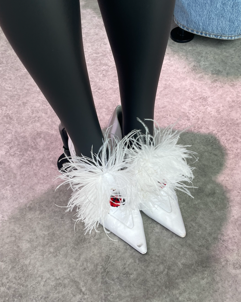 fashionable highheeled shoes with feather accents