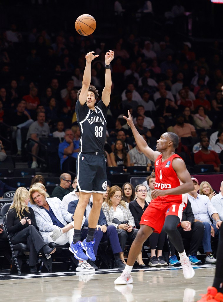 Brooklyn Nets guard Nolan Traore (88) shoots a three pointer during the first half when the Brooklyn Nets played the Hapoel Jerusalem in preseason play Saturday, October 4, 2025 at Barclays Center in Brooklyn, NY. 