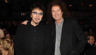 Queen's Brian May gifts Black Sabbath's Tony Iommi with his version of left-handed Red Special replica guitar