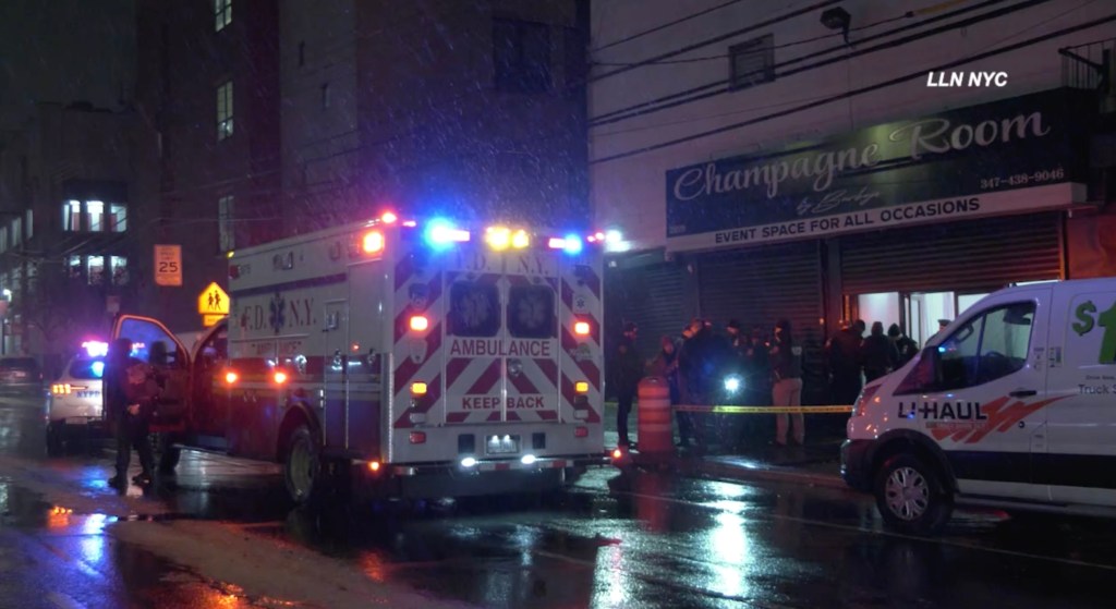 Emergency services respond to a shooting at the Champagne Room event space in Brooklyn.