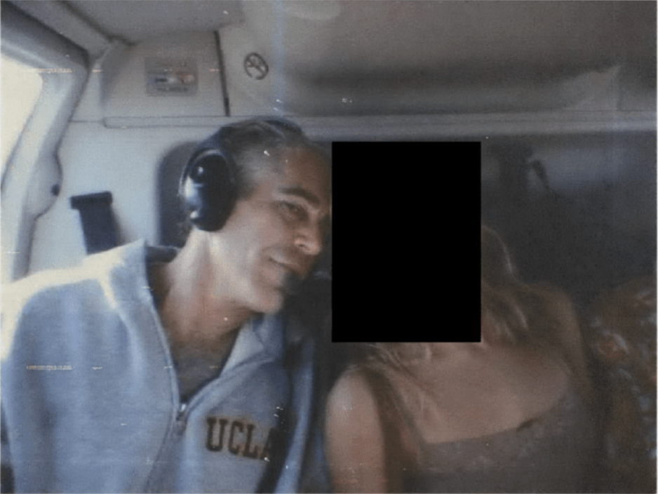 Jeffrey Epstein in a UCLA hoodie with a woman's face redacted, in what appears to be a helicopter.