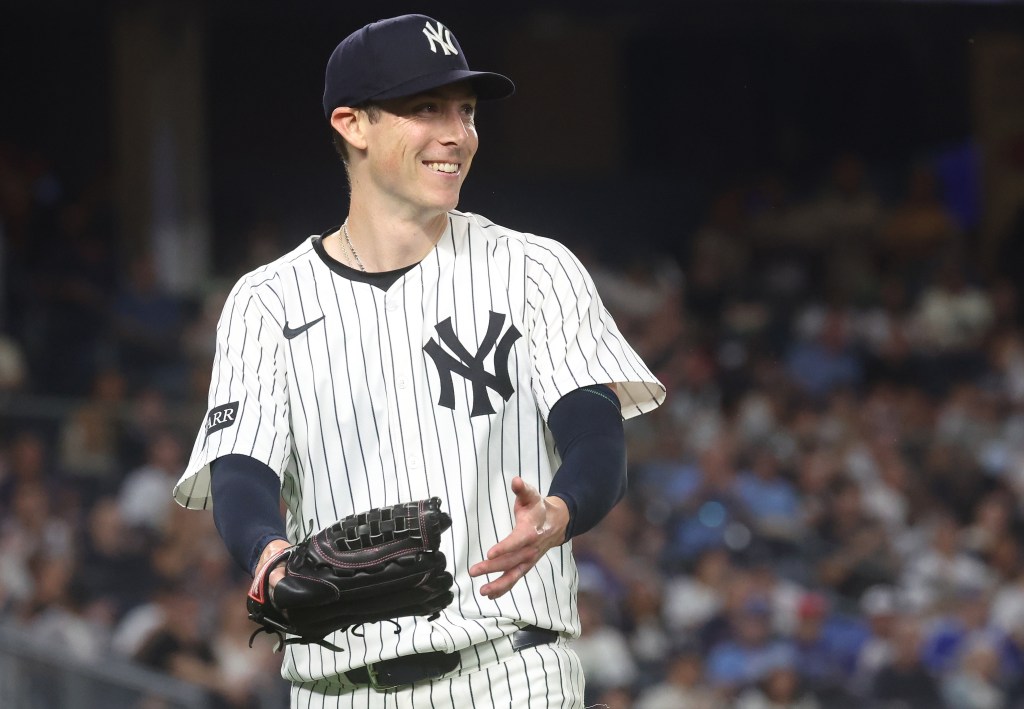 New York Yankees pitcher Ryan Yarbrough reacts on the mound.