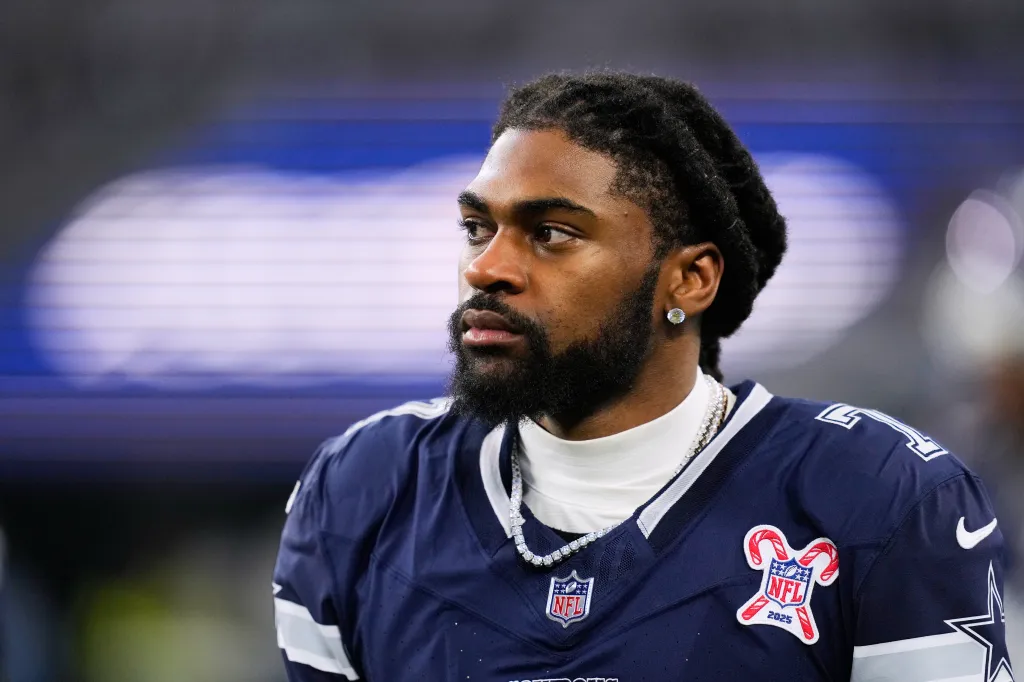 Dallas Cowboys cornerback Trevon Diggs (7) walks along the sideline during an NFL football game.