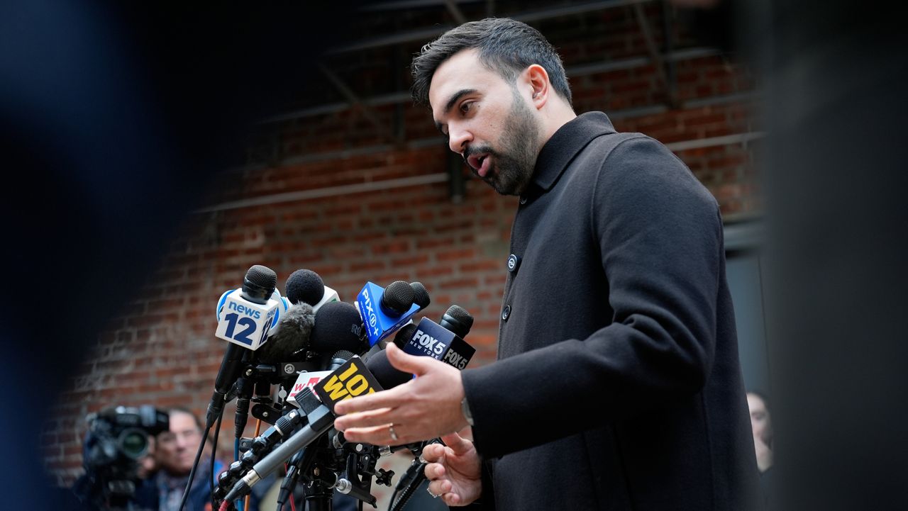 New York City mayor-elect Zohran Mamdani talks to reporters at a news conference in New York, Monday, Nov. 17, 2025. (AP Photo/Seth Wenig)