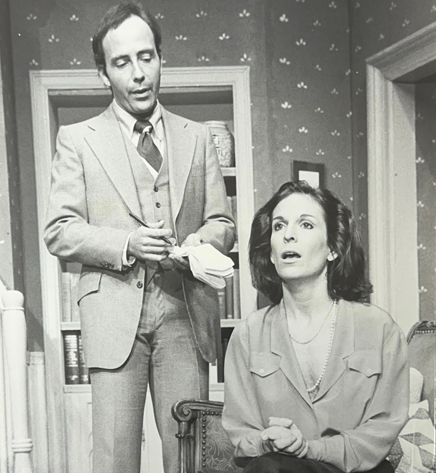Two actors performing in the off-Broadway play "Perfect Crime".