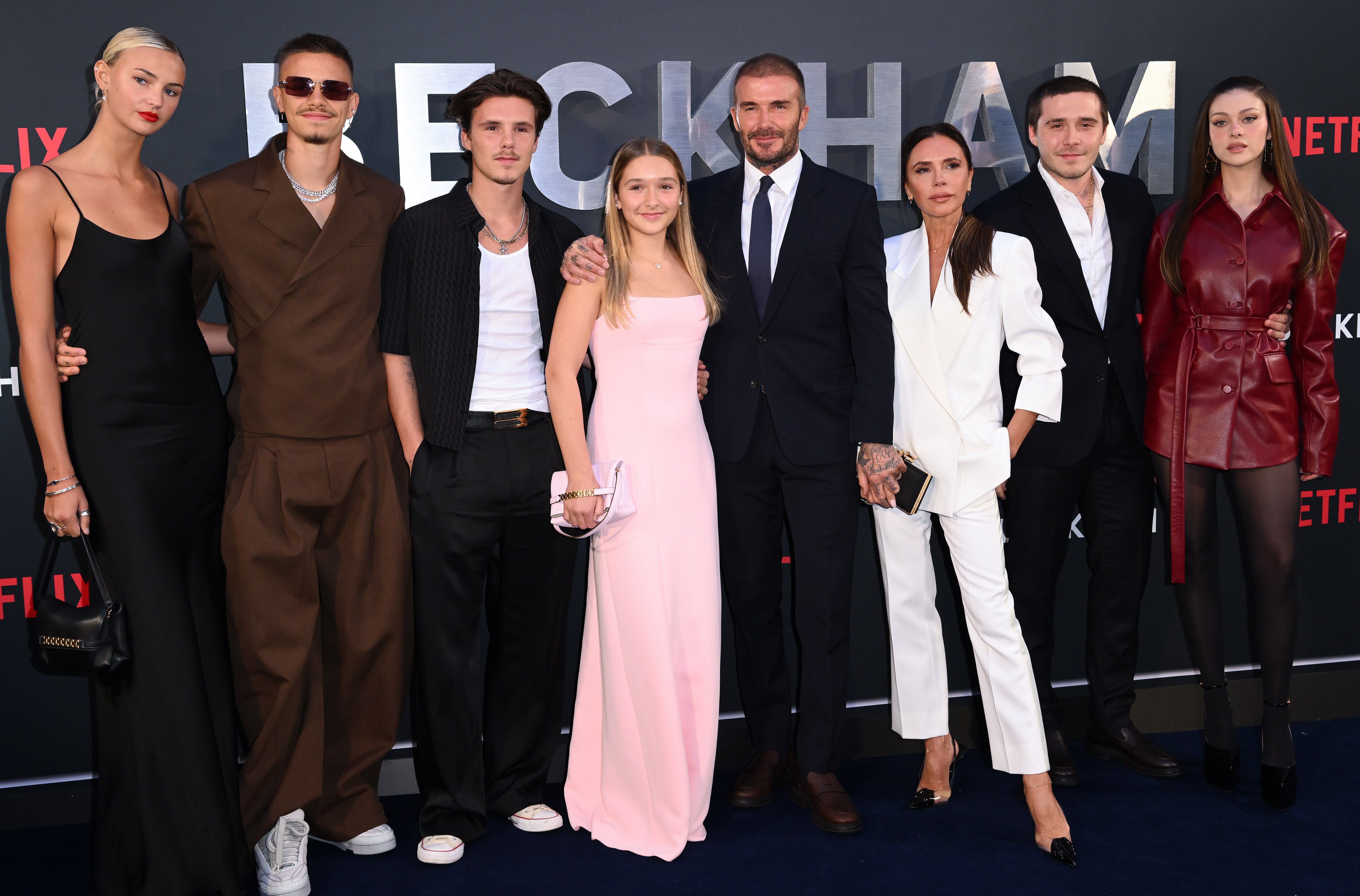 Mia Regan, Romeo Beckham, Cruz Beckham, Harper Beckham, David Beckham, Victoria Beckham, Brooklyn Beckham and Nicola Peltz at the Netflix 'Beckham' UK Premiere.