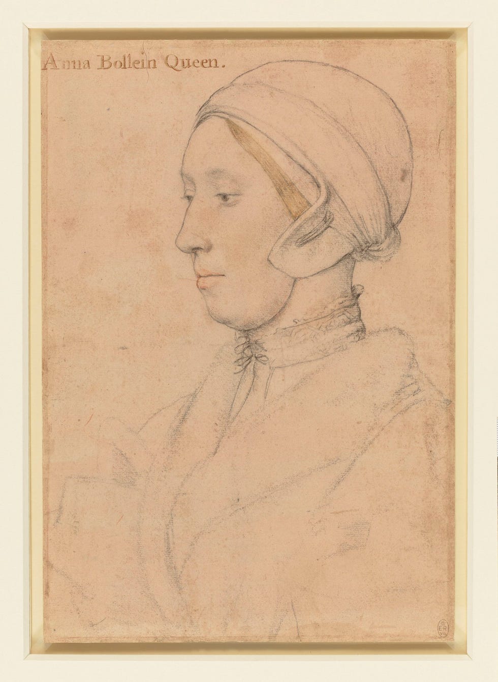 Portrait of a woman with a head covering and a collar, identified as Anne Boleyn.