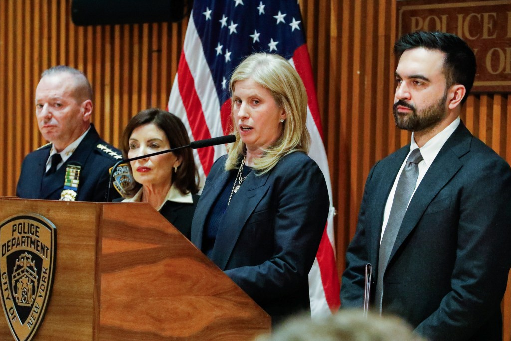 NYPD Commissioner Jessica Tisch speaks at One Police Plaza alongside Mayor Zohran Mamdani and Gov. Kathy Hochul,
