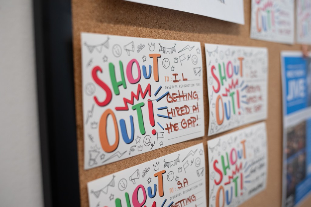 The Covenant House youth shelter had cards indicating participants hired by the Gap