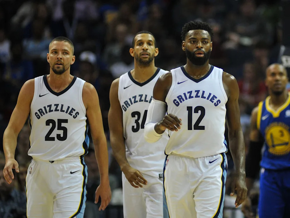 Oct 21, 2017; Memphis, TN, USA; Memphis Grizzlies forward Chandler Parsons (25) Memphis Grizzlies forward Brandan Wright (34) and Memphis Grizzlies guard Tyreke Evans (12) during the second half against the Golden State Warriors at FedExForum. Memphis Grizzlies defeated the Golden State Warriors 111-101. Mandatory Credit: Justin Ford-USA TODAY Sports