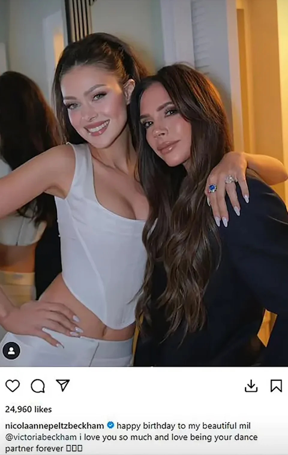 When the fashion designer turned 50 in 2024, Peltz shared a photo of them together on Instagram, saying she “loved” Victoria “so much.” Instagram/Nicola Peltz