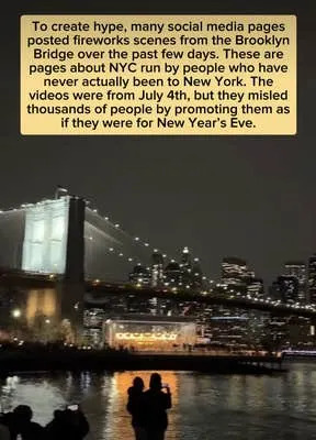 Video shot at NYE by the Brooklyn Bridge of people waiting for fireworks that didn't exist. Text overlay talks about how the hoaxers created hype around the July 4th fireworks videos to make it seem like they would be at NYE.