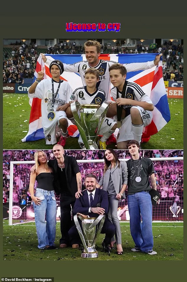 In what seems to be a possible olive branch, David included a throwback snap in an Instagram Story collage showing himself with Brooklyn, Romeo and Cruz from the 2011-2012 season (top), when he won the same cup as a player with LA Galaxy